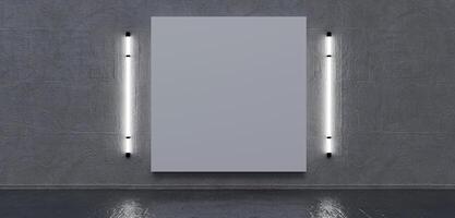 Inside a concrete exhibition hall with modern lighting and blank mock up banners. 3D rendering. Dark room lit with neon lights. Reflections on floor and walls. Empty frames. Picture frames photo