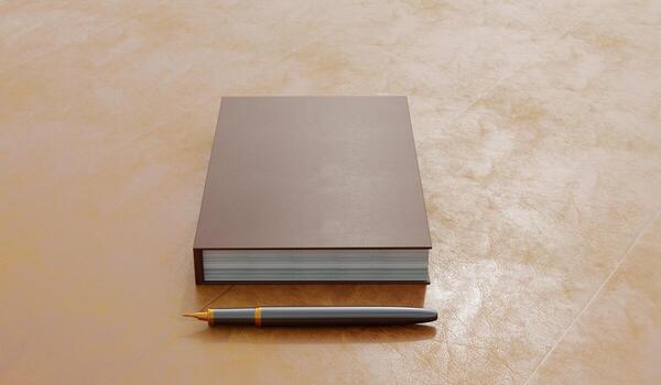 Blank notebook with pen, Live view of blank notebook and ballpoint pen with background. Book cover sample, Workspace on desk, Top view of realistic notebook. 3D render. photo