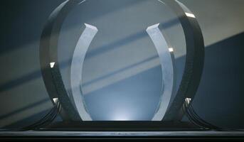 Cement Base Hologram Holographic Base Sci fi Robot Circle Base for High Tech Product Display Studio Platform Cyberpunk Product Podium Grunge Texture Futuristic Technology Scene Concept 3D Rendering photo