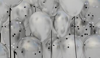 Balloons and confetti. Birthday party. Copy space. Background template with realistic balloons. With confetti ribbon frame and space for greeting text or invitation. 3D rendering festive background. photo