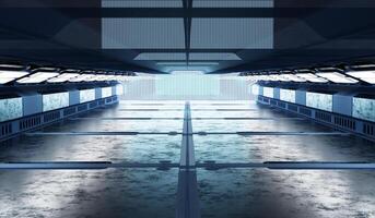 Cyberpunk tunnel corridor, industrial, futuristic,spaceship runway, empty stage in technology tunnel, cement, grunge, concrete, showroom, studio, glowing light at the end, 3d rendering photo
