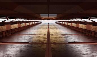 Cyberpunk tunnel corridor, industrial, futuristic,spaceship runway, empty stage in technology tunnel, cement, grunge, concrete, showroom, studio, glowing light at the end, 3d rendering photo