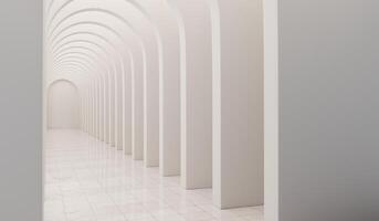 Empty corridor with many white arches in perspective view. Abstract architecture. Archway. Interior design. Step forward. Philosophical classic. Illuminated corridor. 3D illustration photo