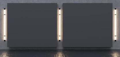 Inside a concrete exhibition hall with modern lighting and blank mock up banners. 3D rendering. Dark room lit with neon lights. Reflections on floor and walls. Empty frames. Picture frames photo
