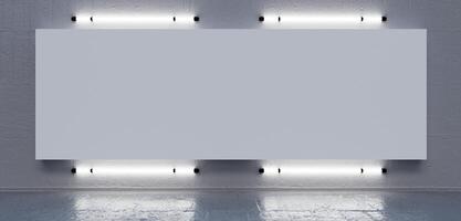 Inside a concrete exhibition hall with modern lighting and blank mock up banners. 3D rendering. Dark room lit with neon lights. Reflections on floor and walls. Empty frames. Picture frames photo
