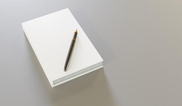 Blank notebook with pen, Live view of blank notebook and ballpoint pen with background. Book cover sample, Workspace on desk, Top view of realistic notebook. 3D render. photo