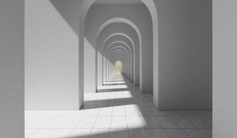 Empty corridor with many white arches in perspective view. Abstract architecture. Archway. Interior design. Step forward. Philosophical classic. Illuminated corridor. 3D illustration photo