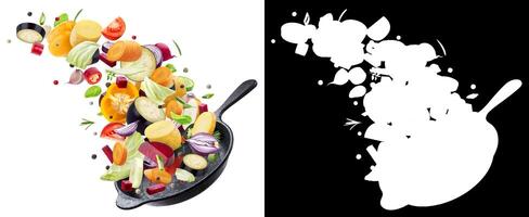 Different vegetables falling into frying pan on white background photo