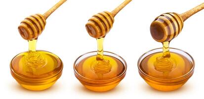 Honey stick and bowl of pouring honey isolated on white background photo