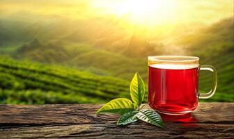 Red tea in glass cup, tea plantation with copy space, hight detailed upscaled image photo