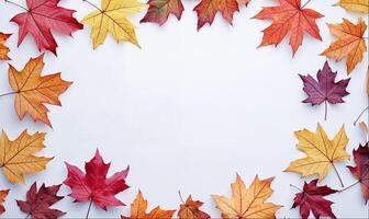 Autumn background concept, empty rustic wooden table with maple leaves, top view photo