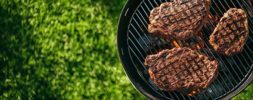 Grilled steaks on flaming grill, grass background, top view and copy space photo