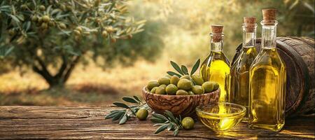Bottle of olive oil, bowl of freshly harvested olives, old barrel on wooden table, olive tree background photo