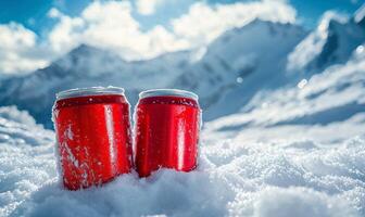 Blank aluminum can in snowdrift, winter background with copy space photo