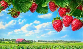 Strawberries with leaves close up, frame, beautiful summer landscape as background photo