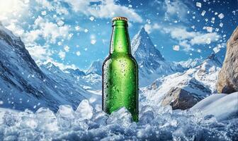 One green beer bottle on ice, snowy mountains background with copy space photo
