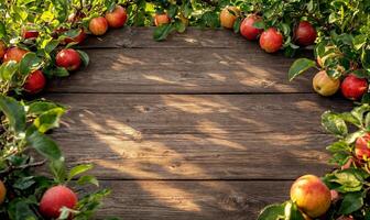 Wooden table and apple tree branches frame top view, fruit orchard background with copy space, flat lay photo