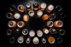 Different types of beer isolated on black background, top view photo