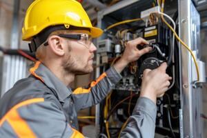 Engineer installing electric equipment electrician fixing electricity change skilled expert professional repair adult wires working renovation expert work DIY ladder expertise technician photo