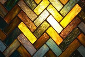 A vibrant stained glass herringbone pattern featuring alternating colors and intricate geometric details photo
