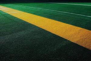 This artwork features a clean and minimalist view of a football field, highlighting the vibrant yellow lines against the lush green turf, capturing the essence of sports. photo