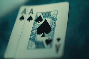 A close-up view of the ace of spades card rests on a solid background, emphasizing its intricate details and iconic suit symbol. The sharp focus highlights the cards design. photo