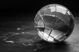 A cracked crystal ball sits alone on a dark background, surrounded by shards of glass that reflect minimal light. The scene evokes a sense of mystery and fragility, hinting at lost clarity. photo