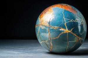 A unique cracked crystal ball sits alone on a dark surface. The ball showcases rich colors and intricate patterns, reflecting the surrounding light and adding a mystical aura to the atmosphere. photo
