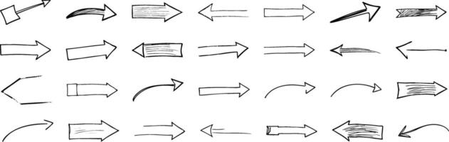 Hand-drawn arrow collection with various styles and directions. vector