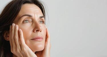 Portrait of cropped caucasian middle aged woman face with wrinkles touching skin by hands on white background photo