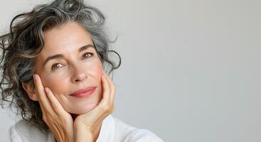 Portrait of cropped caucasian middle aged woman face with wrinkles touching skin by hands on white background photo