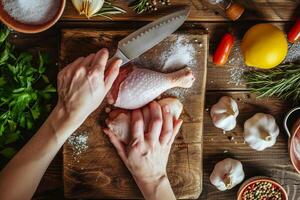 Top view of woman hands cutting raw chicken legs with knife on cutting board on wooden background photo