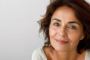 Cropped hispanic beautiful calm smiling middle aged woman looking at camera on white background photo