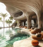 Experience the tranquility of modern organic architecture by the poolside with a tropical ambience photo