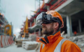 Construction worker using VR glasses at a site for modern engineering and innovation photo