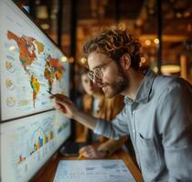 Professional analyzing global data and statistics on digital screen in modern office photo