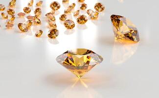 Yellow amber diamond topaz Gem placed on white background 3d rendering soft focus photo