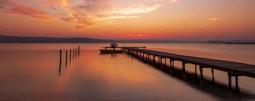 Scenic view of exciting red sunset at the shore with a wooden pier and moored boat photo