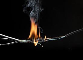 Flames from electric shocks Short-circuited cables cause sparks, explosions, excessive power usage, damaged and non-standard equipment. on a dark black background photo