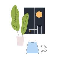 modern scene with a potted plant, a nighttime view through a window, a smartphone with wireless earbuds, and soft colors, evoking a peaceful evening at home. vector
