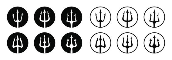 Trident icon set in circle shape flat and outline design isolated. black logo set of tridents in circle Triton Neptune Poseidon. Flat design. illustration. vector