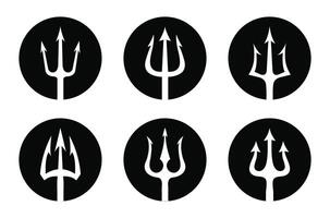 Trident icon set in black circle isolated on white background. black logo set of trident in circle Triton, Neptune, Poseidon. illustration. vector