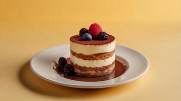 Decadent Italian Tiramisu Dessert with Layers of Coffee and Mascarpone on a Yellow Background. photo
