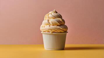 Creamy Italian Gelato Ice Cream on Yellow Background with Blank Space for Text. photo