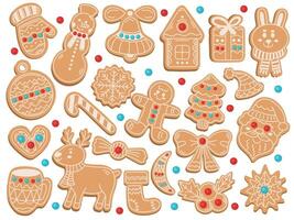 Cute Christmas gingerbread cookies of different shapes big set in flat style on white background, illustration for new year sweets food vector