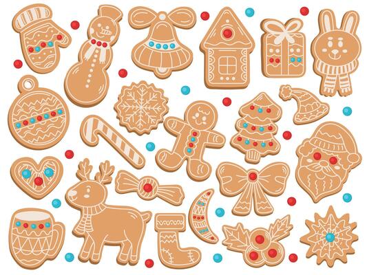 Cute Christmas gingerbread cookies of different shapes big set in flat style on white background, illustration for new year sweets food