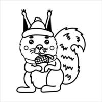 Cute coloring squirrel winter animal in a hat and with an acorn on a white background. Linear style drawing black vector