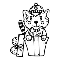 Linear illustration with cute Christmas cat in greeting box on white background. Coloring page Animal drawing for kids winter design black, line vector