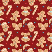 Seamless pattern with Christmas gingerbread cookies of different shapes in flat style on a red background vector