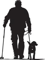 Silhouette Icon of Blind Man Walking with Cane and Guide Dog for Visual Impairment Awareness vector